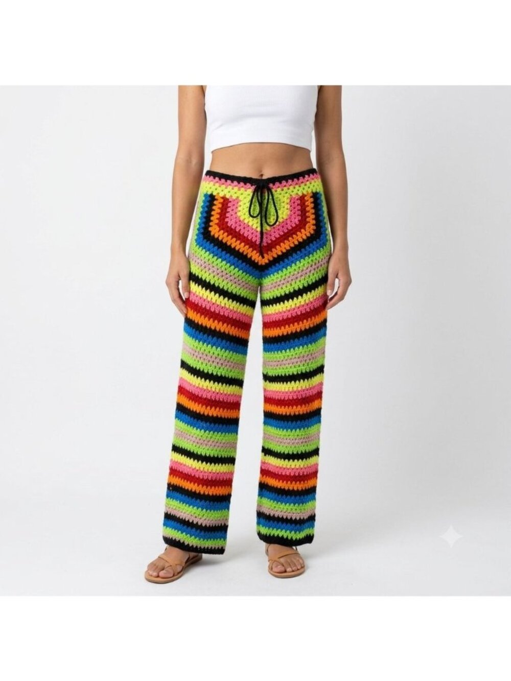 Alix Pinho Crochet Colorful Wide Leg Pants Size M Boho Beach Festival Retro